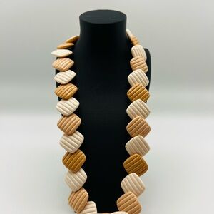Vintage Chunky Mod Geometric Necklace Beige Tan Plastic Beads 18”